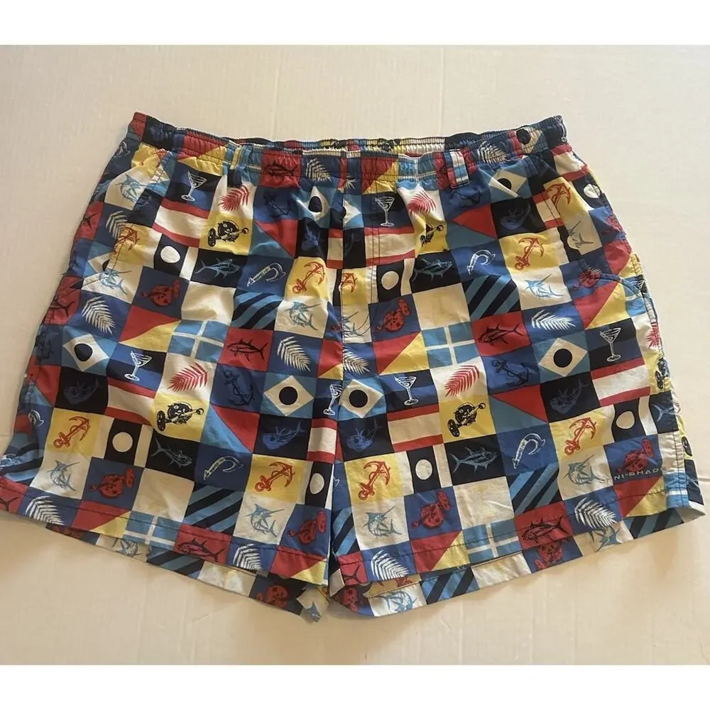 COLUMBIA PFG Men’s XL OMNI-SHADE Swim Trunks Colorful SAILING FLAGS‎ SHORTS Fish